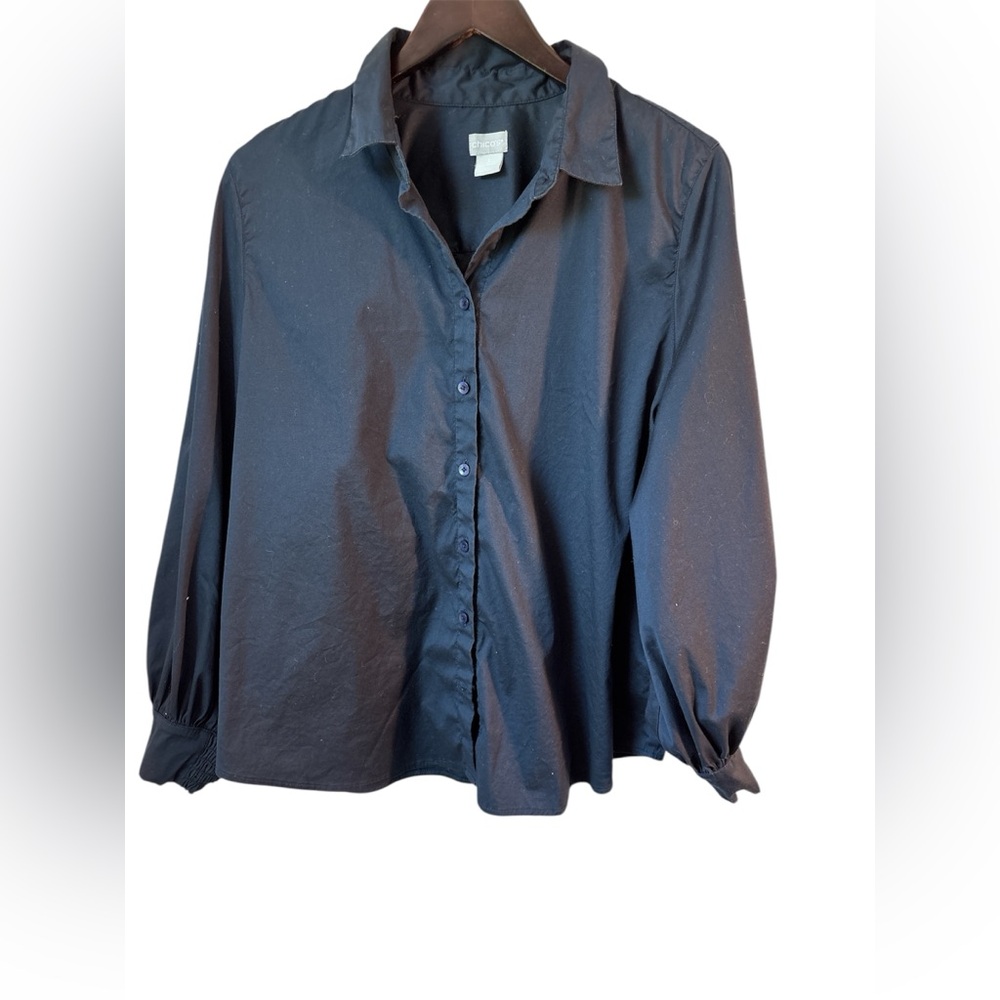 Chico's Women's Button Down Shirt Size 3 US 16 Blue Stretch Puff Sleeve career